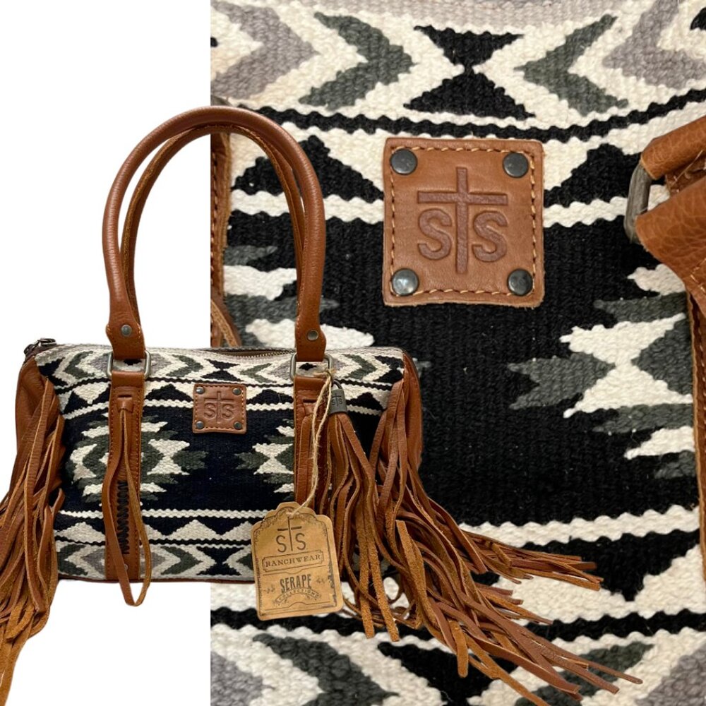 STS Ranchwear Black White Gray Patterned Fringe Shoulder Bag with Brown Leather